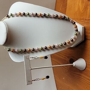 Hand Crafted Faux Pearl Necklace 9" drop+3" extender   1.5" earring drop pink gr